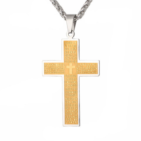 Men's Two Tone Padre Nuestro (Lord's Prayer) Cross Necklace-Jewelry-The Faith And Glory Company-The Faith And Glory Company 