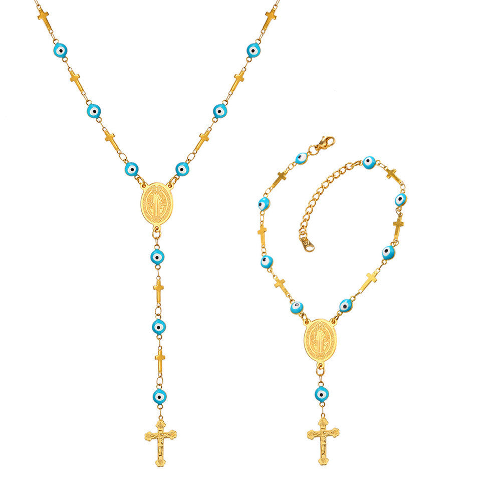 The Nazar Boncuk & Cross Rosary Necklace and Bracelet Set-Jewelry-The Faith And Glory Company-Gold Plated-The Faith And Glory Company 