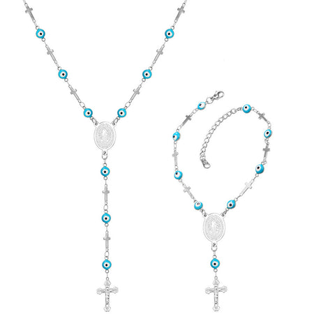 The Nazar Boncuk & Cross Rosary Necklace and Bracelet Set-Jewelry-The Faith And Glory Company-Stainless Steel-The Faith And Glory Company 